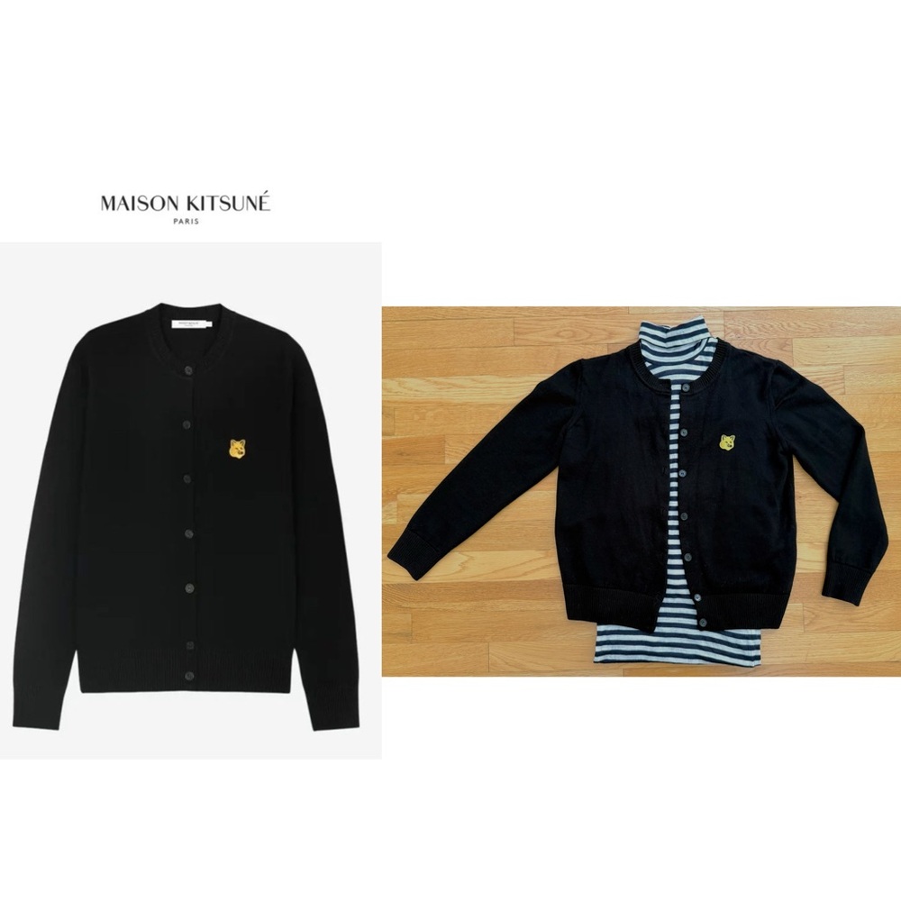 Maison Kitsuné Limited Edition 100% Wool Black Cardigan w/ Golden Fox Patch